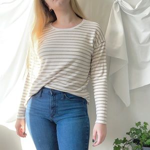 Tan and White Striped Plush Fleece Long Sleeve Crew Neck Tshirt - Medium